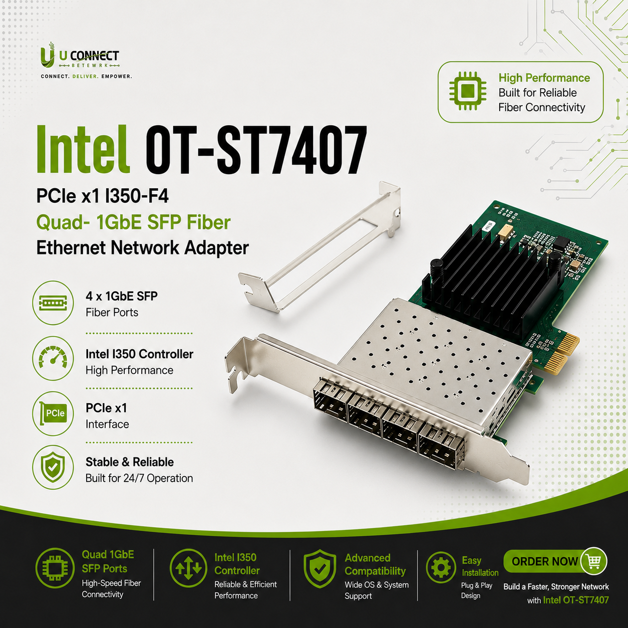 Intel OT-ST7407 PCIe x1 I350-F4 Quad- 1GbE SFP Fiber Ethernet Network Adapter