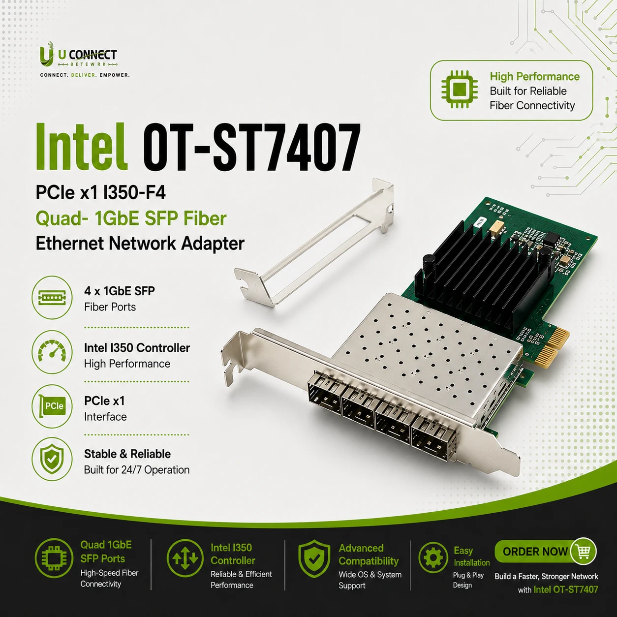 Intel OT-ST7407 PCIe x1 I350-F4 Quad- 1GbE SFP Fiber Ethernet Network Adapter