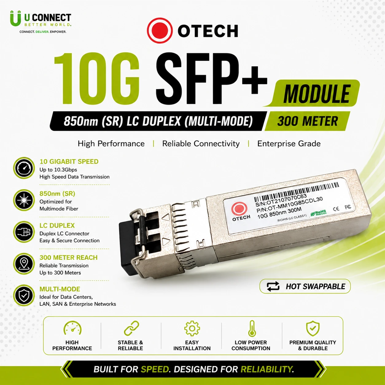 OTECH 10G SFP+ Module 850nm (SR) LC Duplex (Multi-Mode) 300 Meter