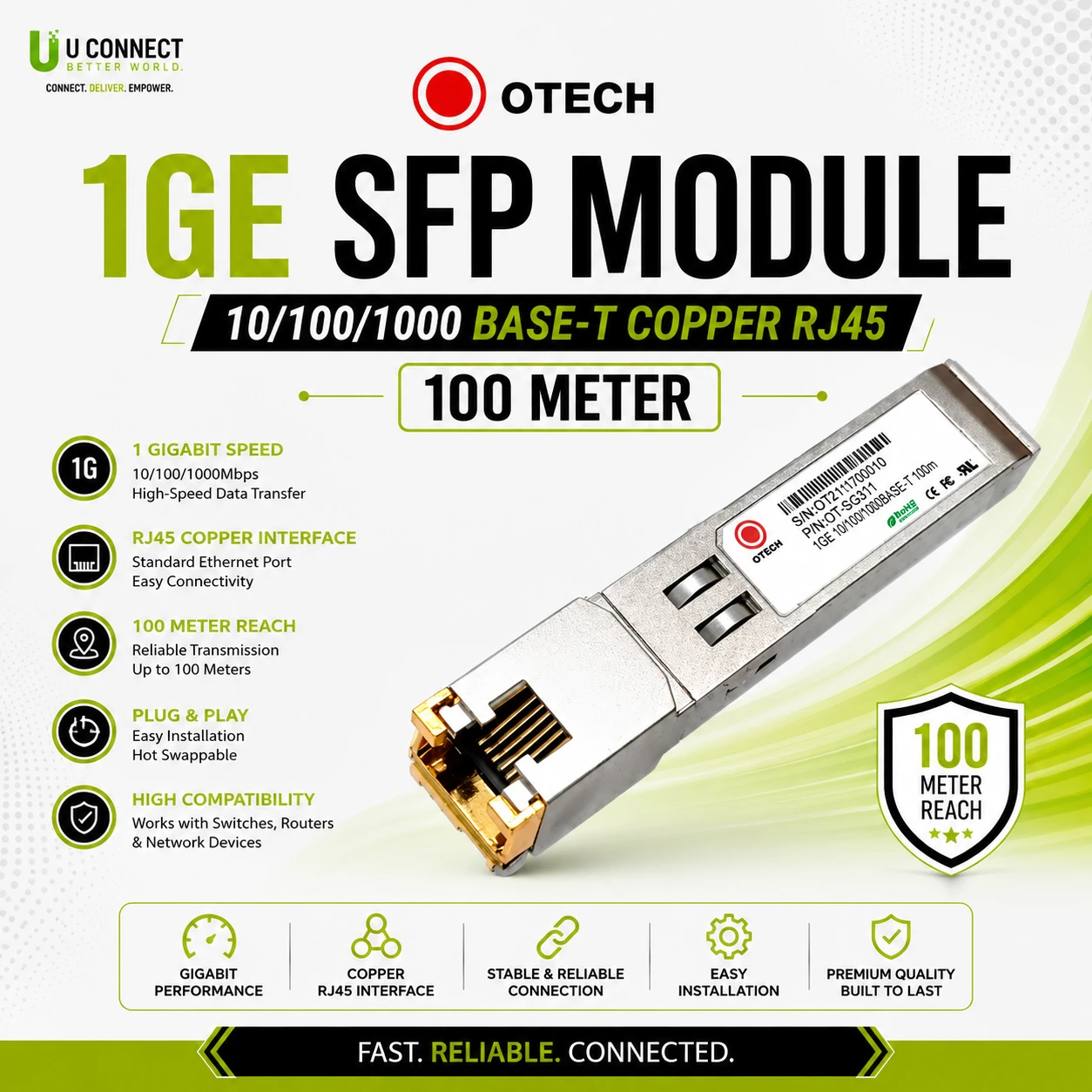 OTECH 1GE SFP Module 10/100/1000 BASE-T Copper RJ45 100Meter