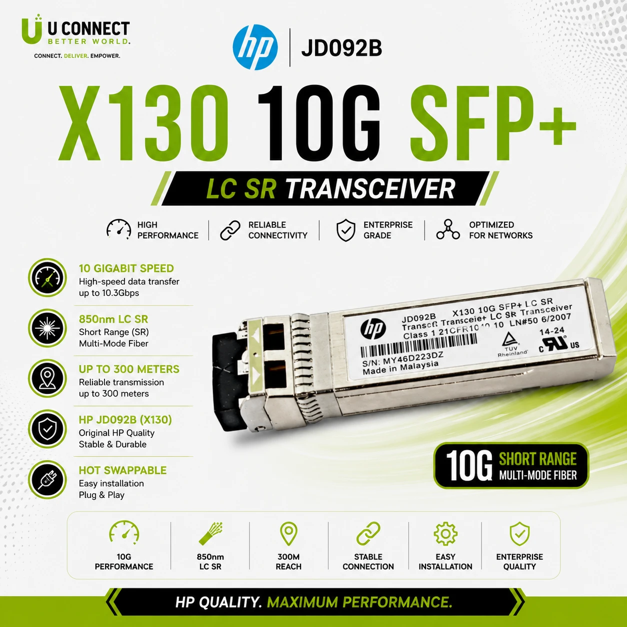 HP JD092B X130 10G SFP+ LC SR Transceiver