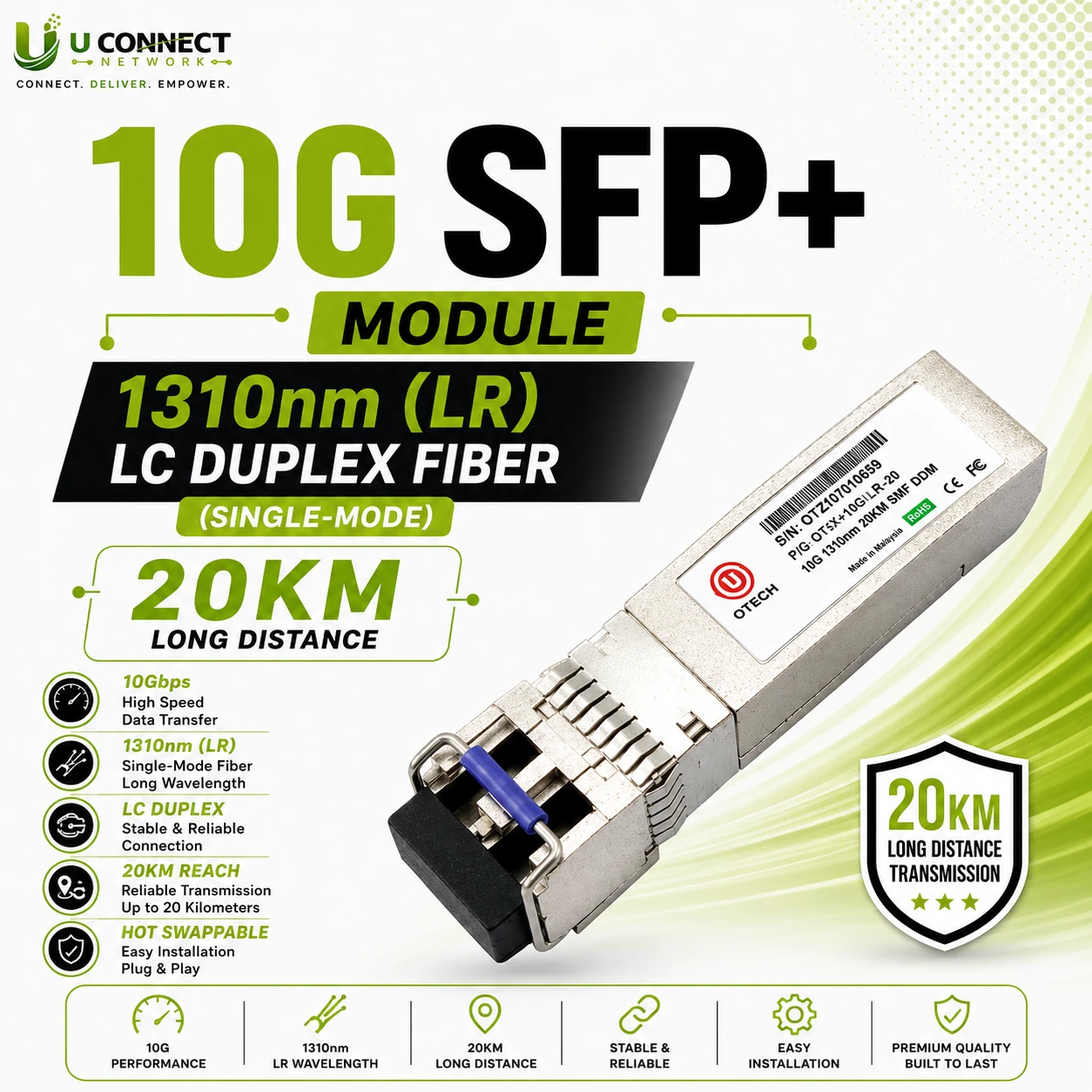 10G SFP+ Module 1310nm (LR) LC Duplex Fiber (Single-Mode) 20KM
