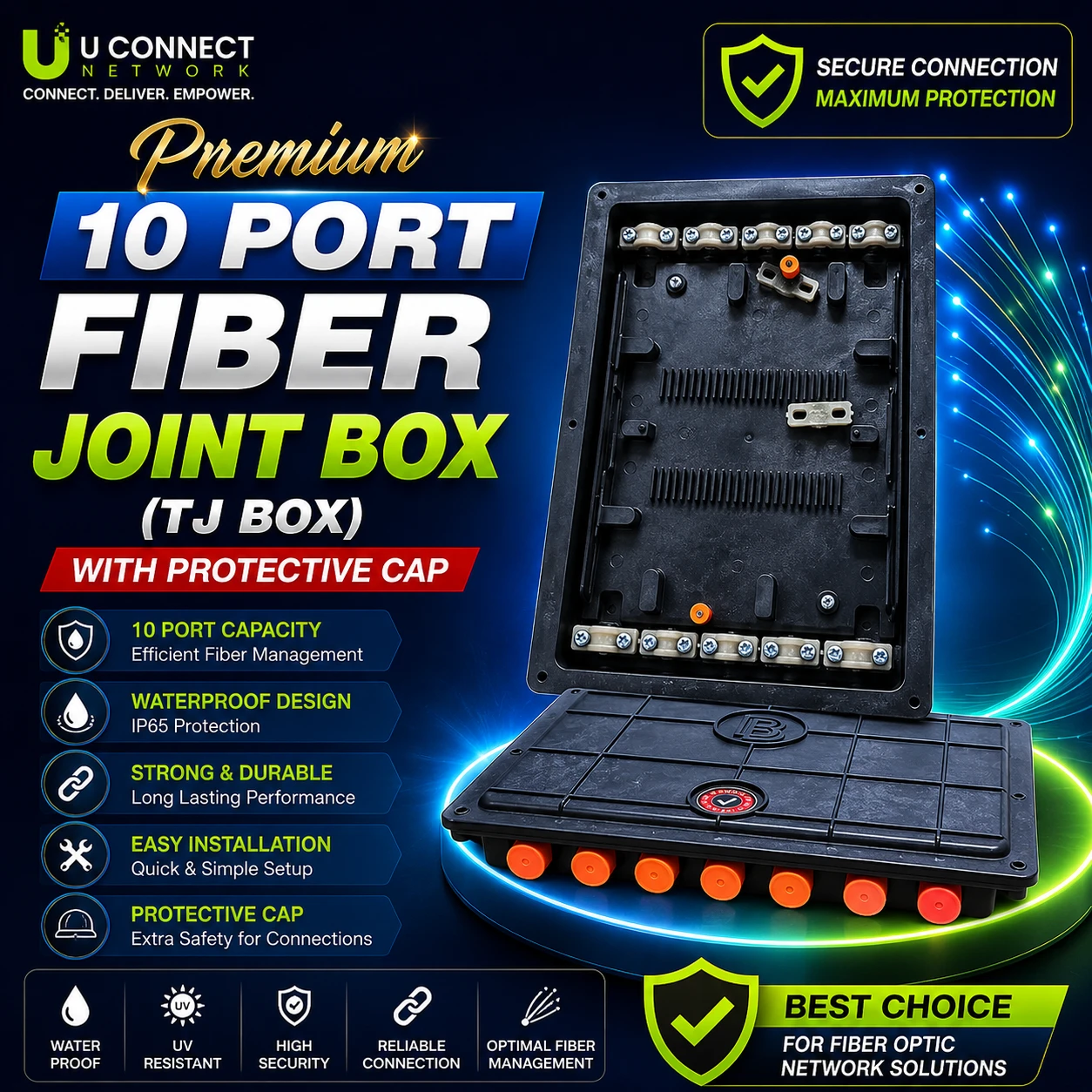 Premium 10 Port Fiber Joint Box (TJ Box) with Protective Cap
