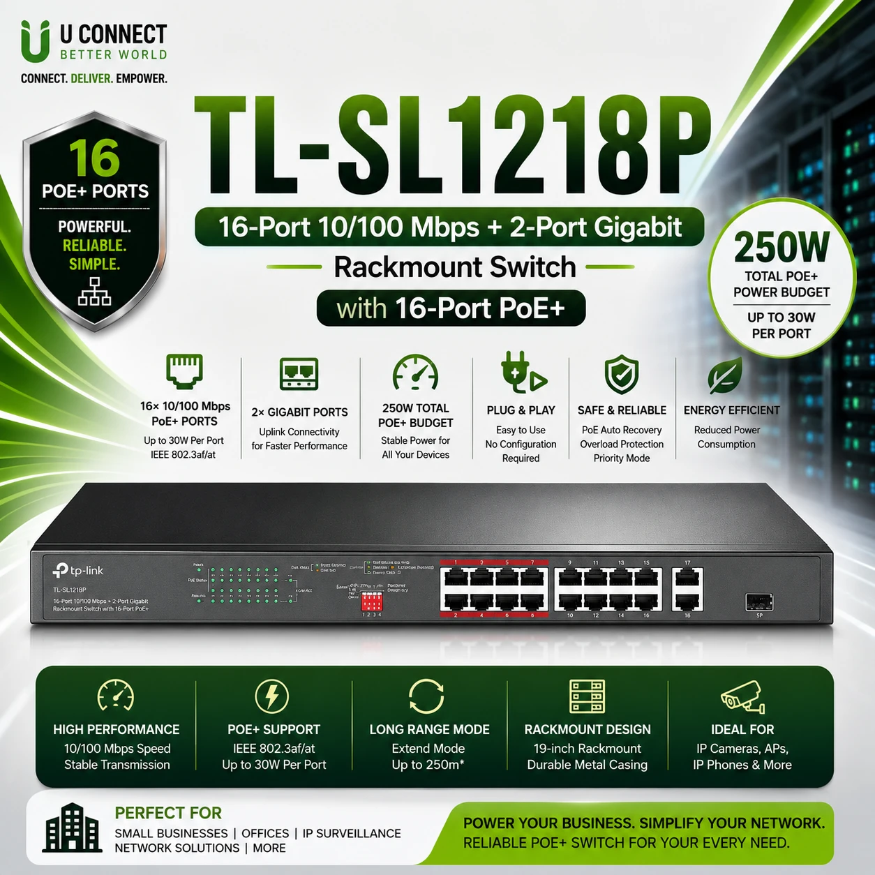 Tp-Link TL-SL1218P 16-Port 10/100 Mbps + 2-Port Gigabit Rackmount Switch with 16-Port PoE+