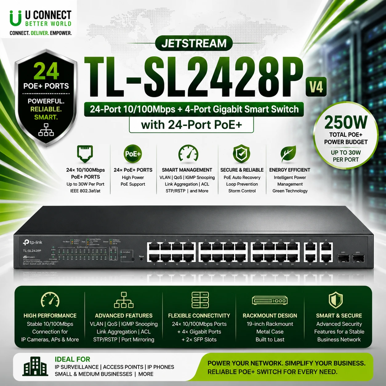 Tp-Link TL-SL2428P V4 JetStream 24-Port 10/100Mbps + 4-Port Gigabit Smart Switch with 24-Port PoE+